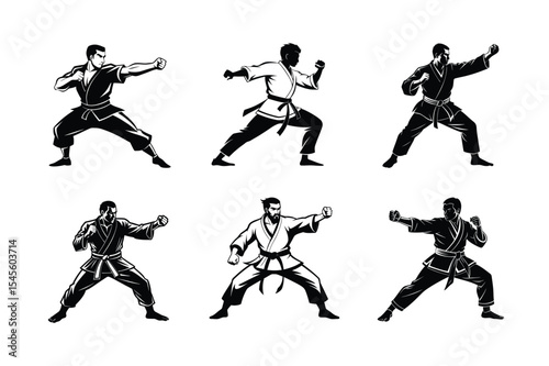 Silhouette Illustration of a Martial Artist in Various Poses on a White Background