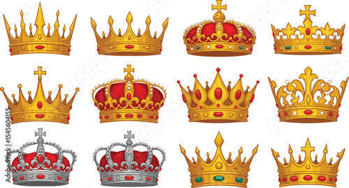 royal crown collection, gold and blue crowns, majestic emblem set, regal vector icons, luxurious crown art, heraldic symbols, ornate design elements, royalty concept illustration