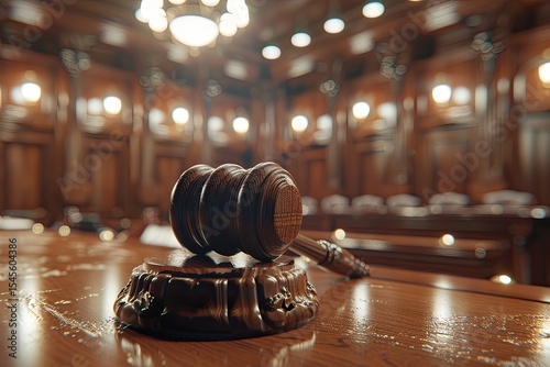 High Definition View of Detailed Courtroom Scene with Judges Gavel in Foreground
