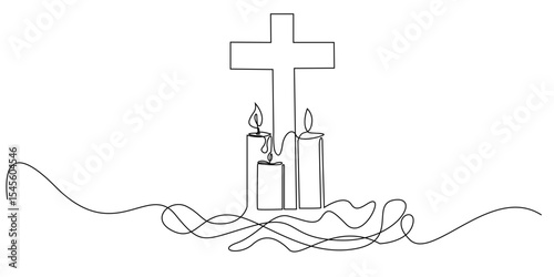 continuous line cross with candle.single line decoration cross jesus with candle.single line illustration.eps 10
