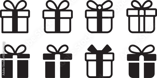 Monochrome icon set of gift boxes with text label and ribbon variations