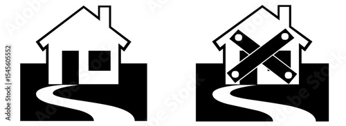 House illustration of before and after boarding up the windows