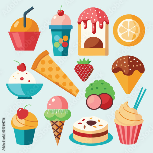 Twelve Simple Flat Style Sweet Treats Illustrations Orange Lemon Strawberry Cherry Cupcakes Ice Cream Cake