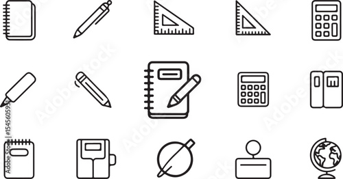  School and office essentials icon pack with minimalist writing tools and organizers
