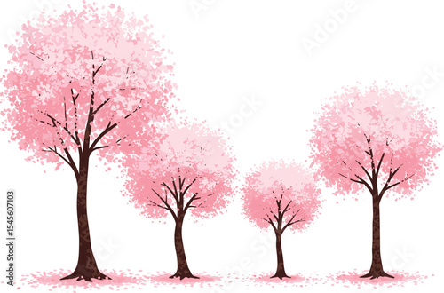 pink cherry blossom trees, spring floral landscape, blooming sakura illustration, tranquil nature scene, seasonal outdoor background, hand-drawn botanical artwork, peaceful environment, 