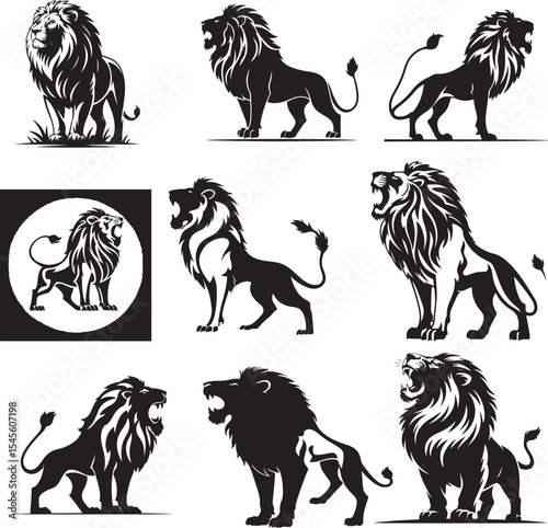 Bold Lion Outline with Mane Standing and Roaring Graphic Art