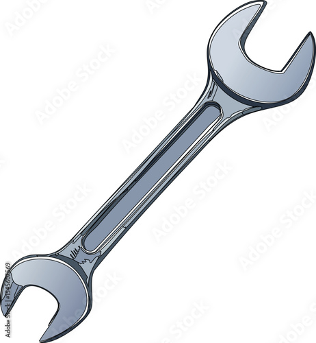 A classic metal wrench with a slightly worn surface, isolated on a white background. Small scratches and metallic reflections add realism.