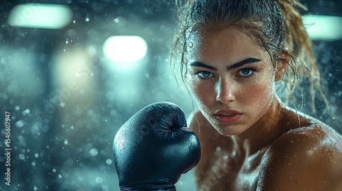 A focused and determined female boxer is captured mid punch her expression intense as she exerts her full power in the gym surrounded by the hazy atmosphere of fog and spotlights