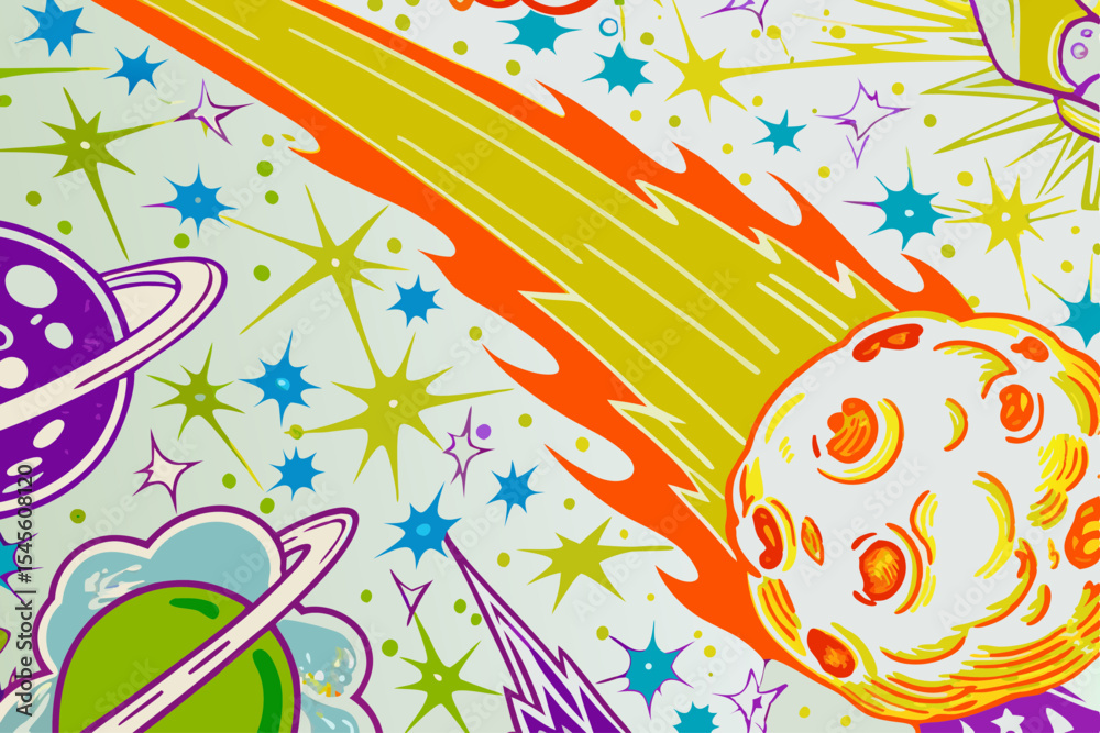 Fototapeta premium International asteroid day retro space illustration with planets stars and comet for cosmic themed designs and backgrounds