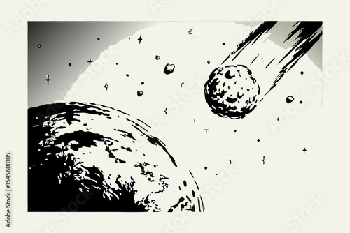 International asteroid day outer space art illustration of planet and asteroid with tail for science fiction fans art print 1950s