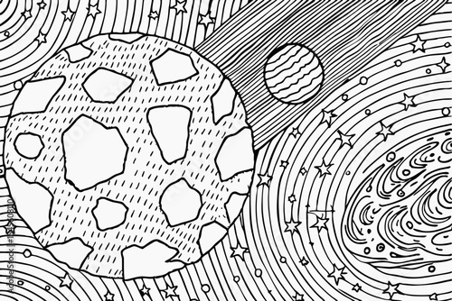 International asteroid day hand drawn space coloring page with planets stars and cosmic swirls for creative fun and relaxation