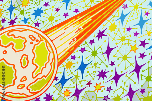 International asteroid day planet earth and comet illustration with stars background space themed artwork style graphic design 100