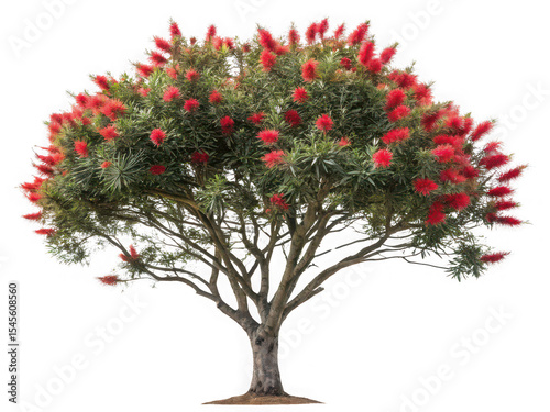 Red bottlebrush tree in full bloom, isolated on black background, vibrant springtime flora, lush foliage, detailed branches, botanical image, nature