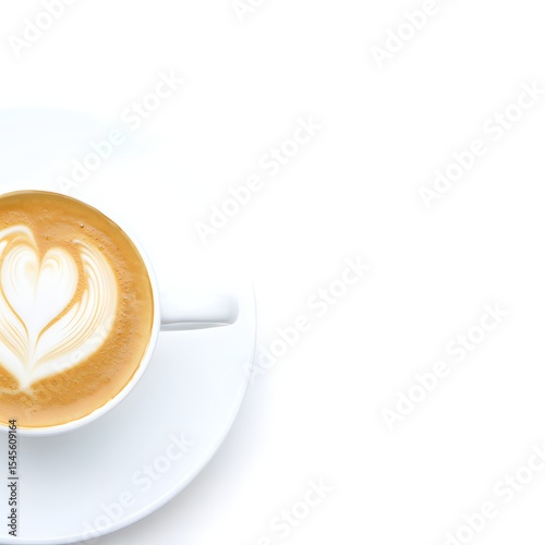 A Cup of coffee with Latte art in the shape of a heart. A cozy and delicious coffee drink. The image is perfect for illustrating cafe culture or a moment of relaxation. 