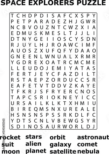 Space Explorers Word Search Puzzle Letters Background Grid Game Activity vector