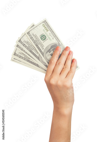 Canvastavla Hand holding American US cash money dollars on white background, clipping path