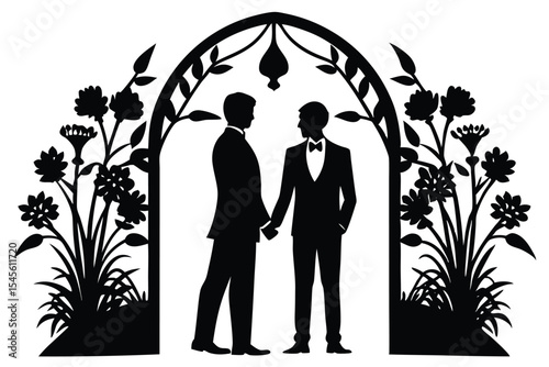 Silhouette of a queer couple s wedding in a botanical garden