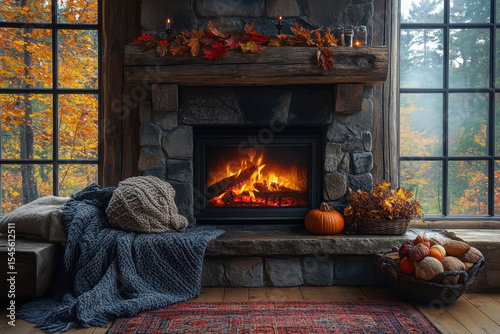 Basket of pumpkins beside fireplace with cozy blanket.