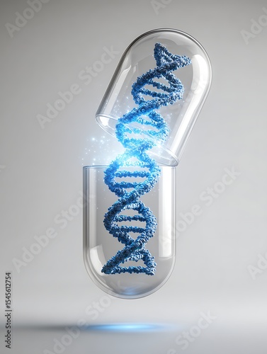 realistic glowing blue DNA strand emerging from an open medical capsule, suspended in air, clean white background,