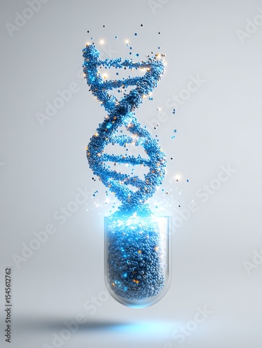 realistic glowing blue DNA strand emerging from an open medical capsule, suspended in air, clean white background,