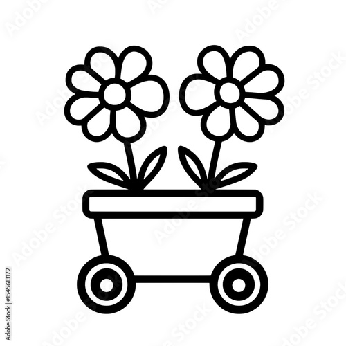 Decorative icon of two blooming flowers in a wheeled cart, representing gardening or flower delivery.