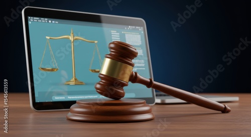 Online Legal System Justice Gavel and Scales on Laptop Screen Digital Courtroom Legal Tech