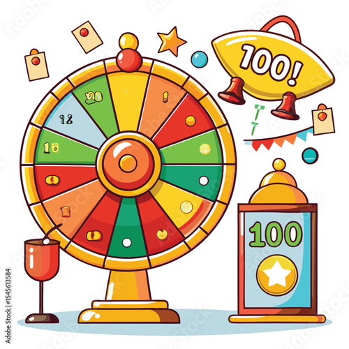 Colorful Cartoon Raffle Wheel Illustration with 100 Points Prize Gold Star and Festive Decorations wheel of fortune