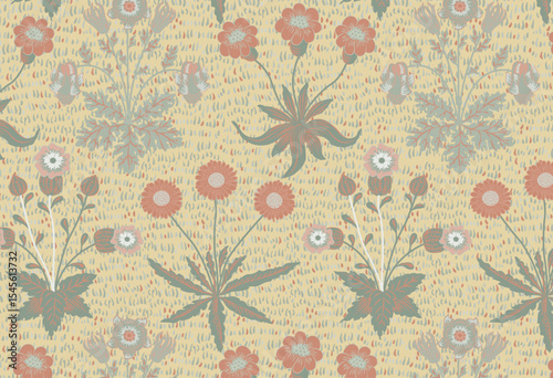 Botanical Plants Flowers Seamless Pattern, Hand Drawn Foliage Repeat Tile - Minimalist Nature Wallpaper Fabric Design