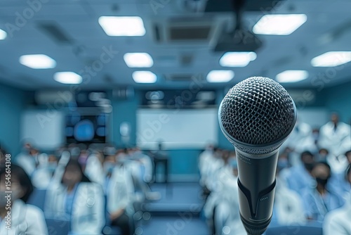 Clear Pixel Visual of Close Up of Microphone in Conference Room Full of Medical Personnel