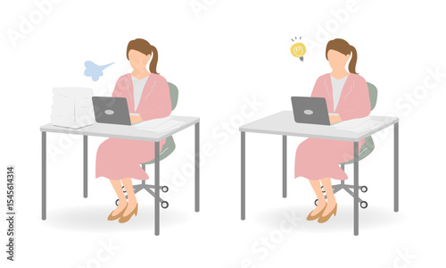 Young businesswoman in pink suit – frustrated and inspired expressions – 2 vector illustrations set