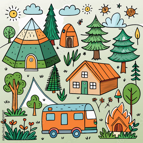 Hand Drawn Forest Camping Scene with Orange Camper Van Teepee Cabin Trees and Campfire illustration