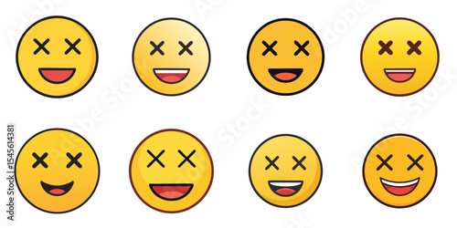 Multiple vector illustrations smiling face with cross-mark eyes, Emoji

