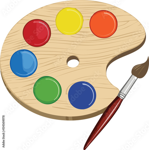 A wooden artist palette with daubs of paint in red, blue, yellow, green, and white, isolated on a pure white background. A single brush rests across the palette.