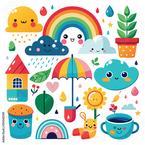 Cute Rainy Day Collection Colorful Cartoon Illustrations Happy Clouds Rainbow Umbrella House Plant Pot Sun Flower Tea Cup