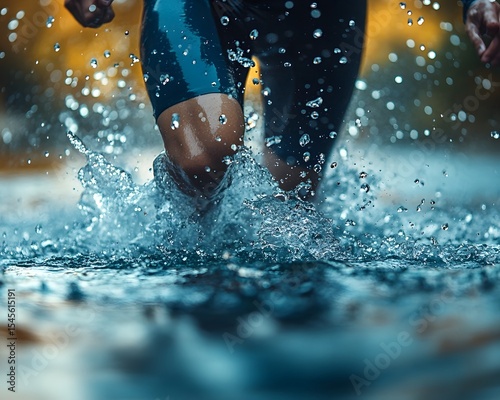 A triathlon athlete transitioning from the swimming to the running portion of the race with their wet suit and the splash of water droplets visible as they move forward