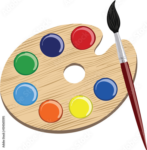 A wooden artist palette with daubs of paint in red, blue, yellow, green, and white, isolated on a pure white background. A single brush rests across the palette.