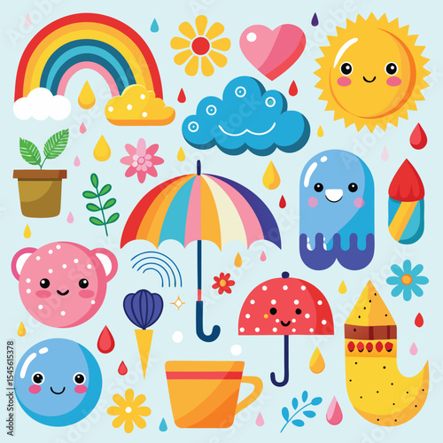 Cute Rainy Day Illustrations Collection Rainbow Umbrellas Sun Clouds Flowers Plants Teacup vector
