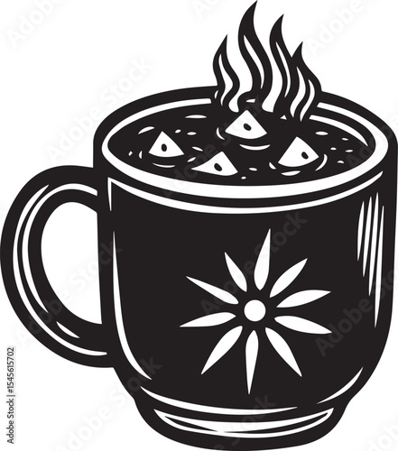 cup of hot coffee, hot cocoa mug silhouette vector icon black and white