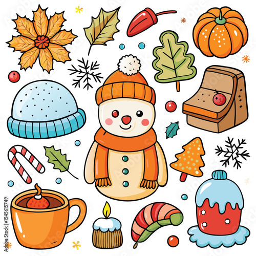 Cute Winter Themed Illustrations Collection Snowman Hat Candy Cane Pumpkin Leaves Hot Chocolate christmas