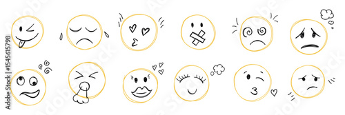Doodle smile emoji face icon set. Kids hand drawn sketch emoticons. Different emotion. Sad, tired, happy, kiss, vomit, surprised smiling scribble. Freehand drawing comic isolated vector illustration