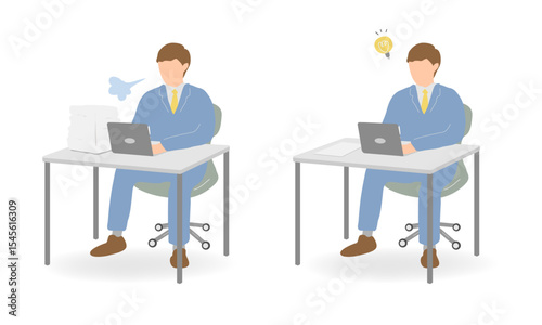 Young businessman in light blue suit – sighing and getting an idea – 2 vector illustrations set