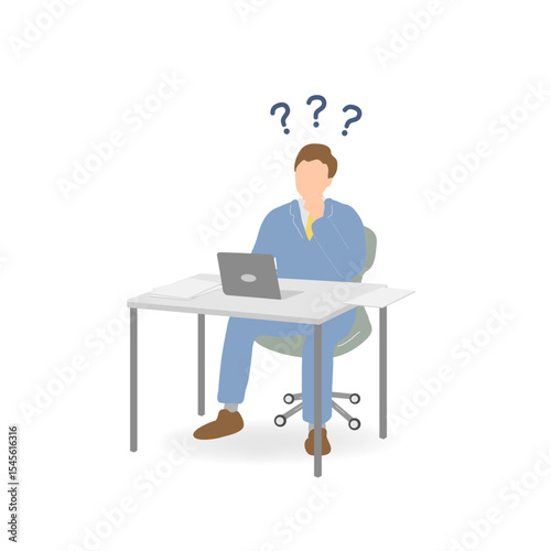 Young businessman in light blue suit looking confused at laptop – vector illustration with question marks