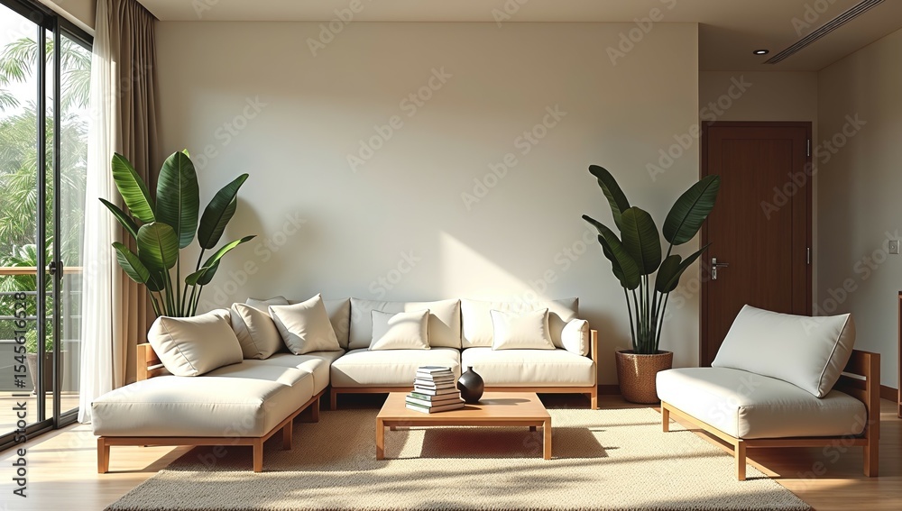 Fototapeta premium Serene Minimalist Living Room: Sunlit Beige Sofa, Tropical Plants, and Warm Wood Accents