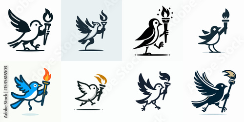 cartoon vector set illustration of a bird carrying a torch