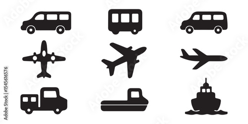 Air, Auto, Railway Transport Silhouette Icon Set. Stop Station Sign for Public Transport Glyph Pictogram. Car, Bus, Tram, Train, Metro, Plane, Ship Icon in Front View. Isolated Vector Illustration