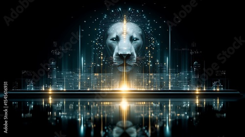 Lion head over city skyline with digital effects