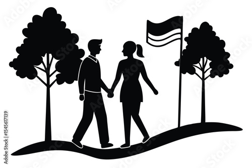 Romantic couple walking hand in hand in a park