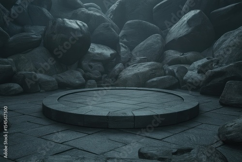 Mysterious dark stone platform surrounded by large rocky boulders, creating an eerie and atmospheric scene fit for a dramatic presentation, showcase product podium