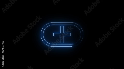 Abstract neon glowing neon emergency symbol of plus icon isolated on on black background. Specif futuristic plus icon animation. on white background.