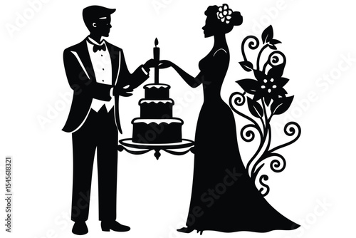 Romantic silhouette of a queer couple cutting a wedding cake